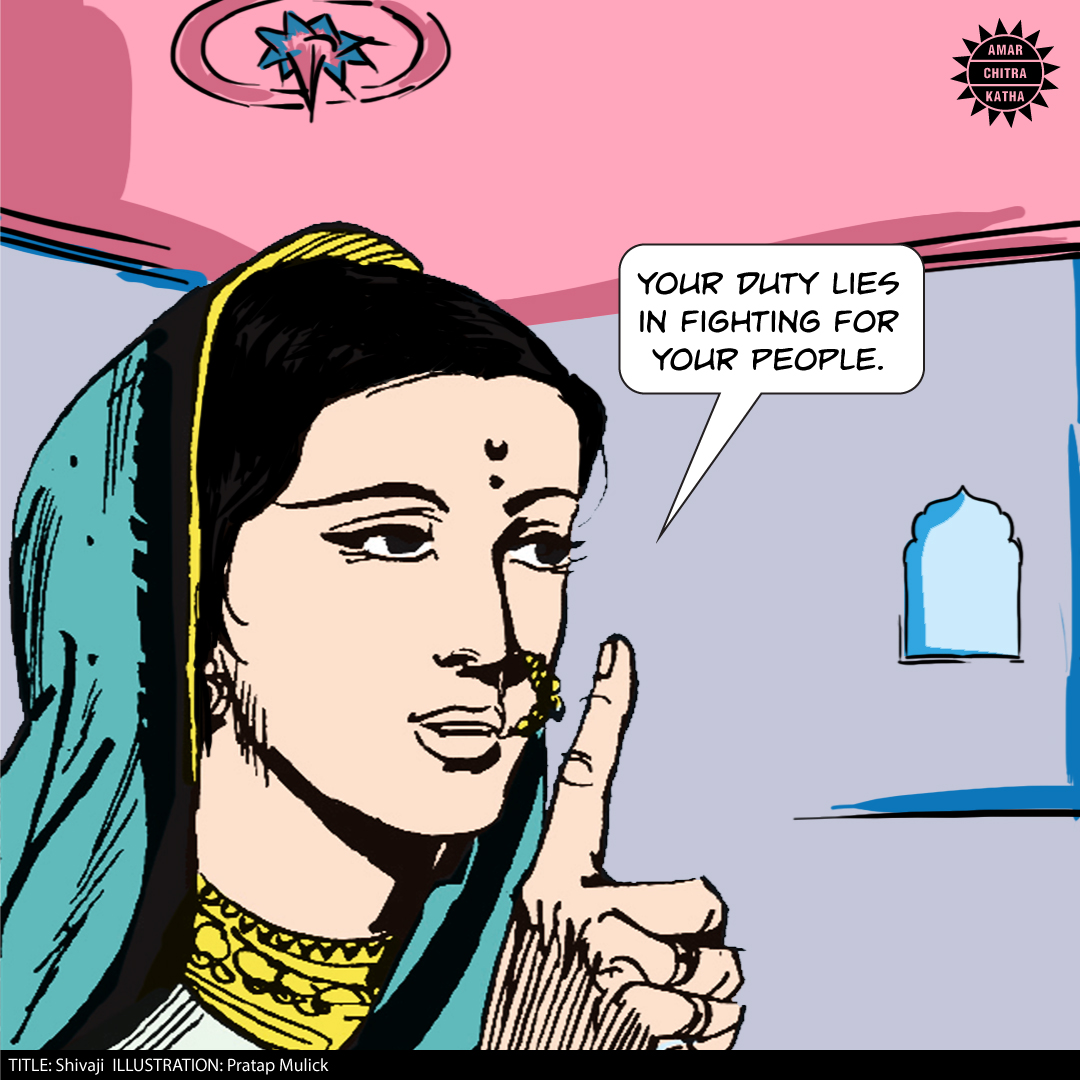 ACKComics's tweet photo. It was thanks to all this training from his mother that he was later able to escape from the trickiest situations with ease. Amar Chitra Katha salutes Jijabai, a proud mother of a brave Maratha king and one of the earliest #WomenPathbreakers that India has seen. (3/3) https://t.co/maYL2dBH3b