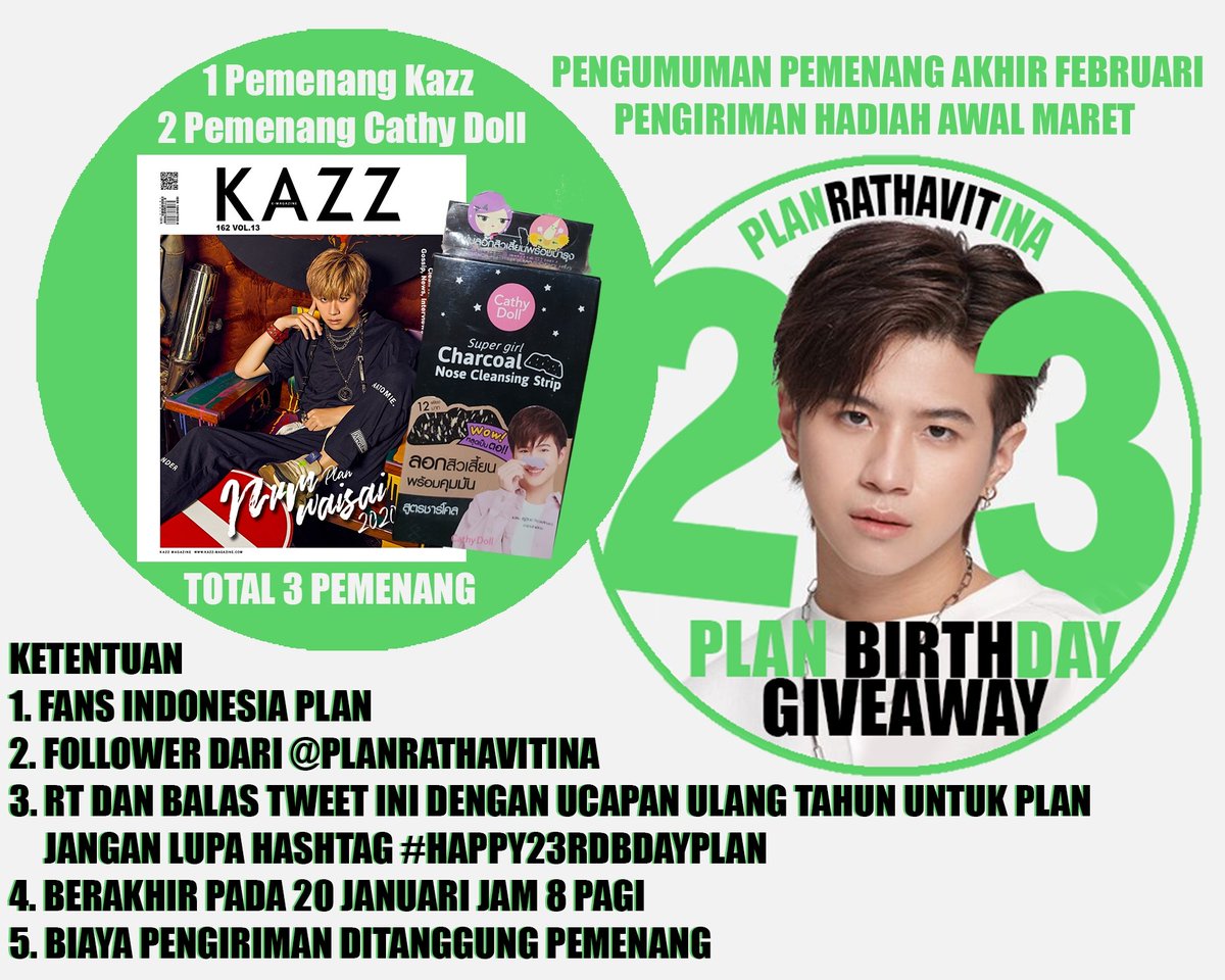 PlanRathavitINA's tweet photo. Seperti tahun sebelumnya, kami mengadakan giveaway bagi #คนของแปลน fans #PlanRathavit untuk merayakan #Happy23rdBdayPlan💚

🎁 1 buah Kazz Magazine (Cover Plan) 
🎁 2 buah Cathy Doll (Box Plan) 

1 user = 1 entry
Wish you luck 🍀
Ketentuan dan detail silahkan lihat pada gambar 👇 https://t.co/eDO2DQhw9s