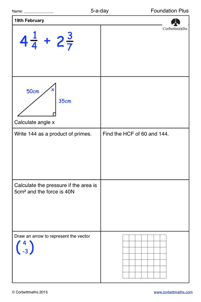Studying for Foundation GCSE Maths? Try today's Foundation or the challenging Foundation Plus #maths5aday answers: corbettmaths.com/2016/10/26/feb…