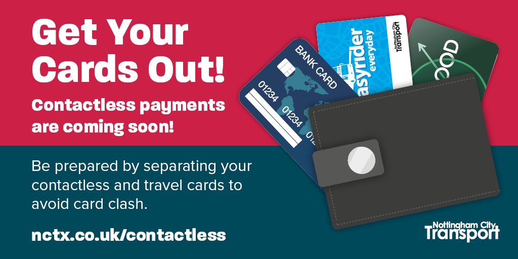 NCT_Buses's tweet photo. #Contactless is coming soon! Avoid #cardclash by taking your existing Easyrider, concessionary or Robin Hood card out of your purse/wallet and showing it to the reader on its own. More info: https://t.co/5IoLwuAgaO https://t.co/FDPzFRl4QW