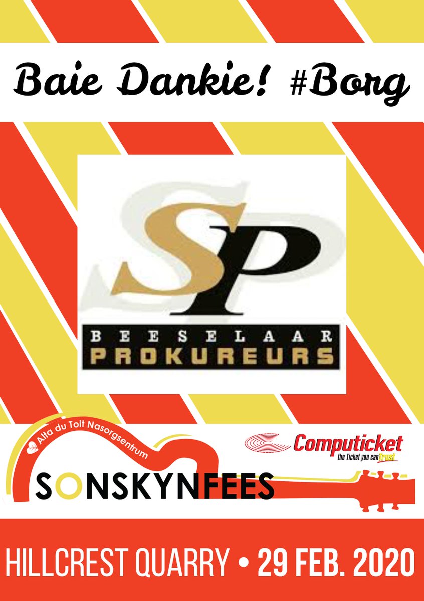Sonskynfees's tweet photo. Baie dankie aan SP Beeselaar Attorneys vir julle bydrae tot hierdie jaar se #Fees!
Sonder julle is die dag nie moontlik nie!
#Borg #Sonskynfees #SPBeeselaar #Fees2020 https://t.co/H4bCNcPfVm