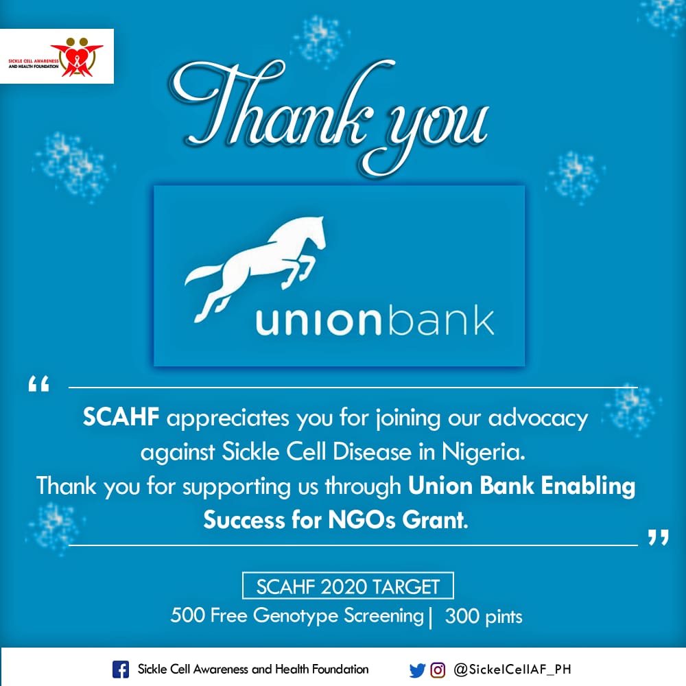 SickleCellAF_Ph's tweet photo. Union Bank Enabling Success For NGO's Grant
Thank you Union Bank Nigeria @UNIONBANK_NG for support towards our advocacy against continual increase of Sickle Cell Disease in Nigeria.
#EveryPintCounts
#LetsTalkSickleCell
#KnowYourGenotypeToday https://t.co/VDQnE0BLdI