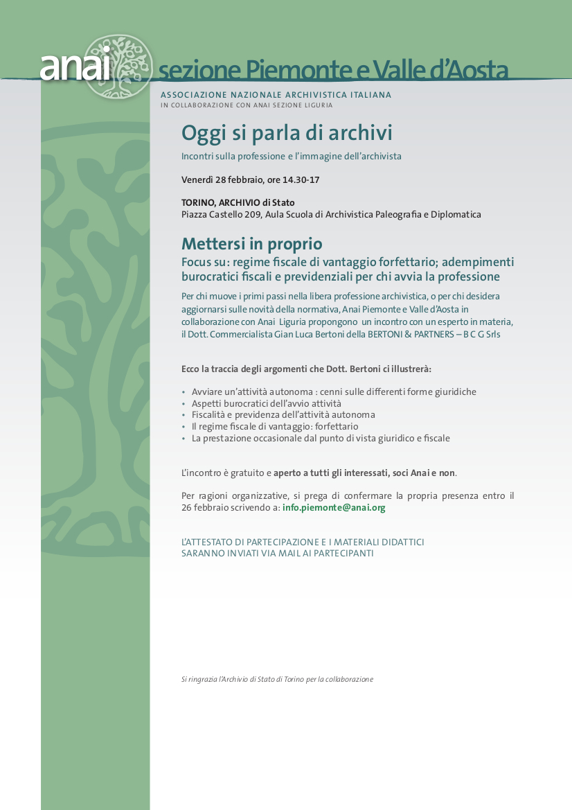 ArchivioStatoTo's tweet photo. C'è tempo fino al 26 febbraio per iscriversi all'incontro dedicato da ANAI agli archivisti: 
Mettersi in proprio.
Focus su: regime fiscale di vantaggio forfettario; adempimenti burocratici fiscali e previdenziali per chi avvia la professione https://t.co/OpL5bRCLwq #archives https://t.co/Tic32TJPzF
