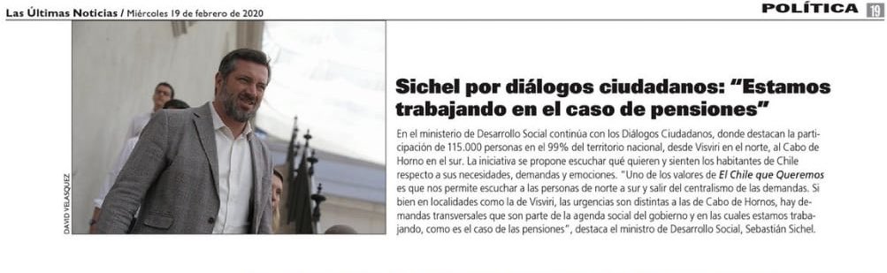 Hoy en <a href="/lun/">Las Últimas Noticias</a> el ministro <a href="/sebastiansichel/">Sebastián Sichel</a> destaca la realización de los diálogos ciudadanos de #ElChileQueQueremos en todas las comunas del país 👉🏻 bit.ly/LunDCiu Participa en chilequequeremos.cl 🇨🇱📢