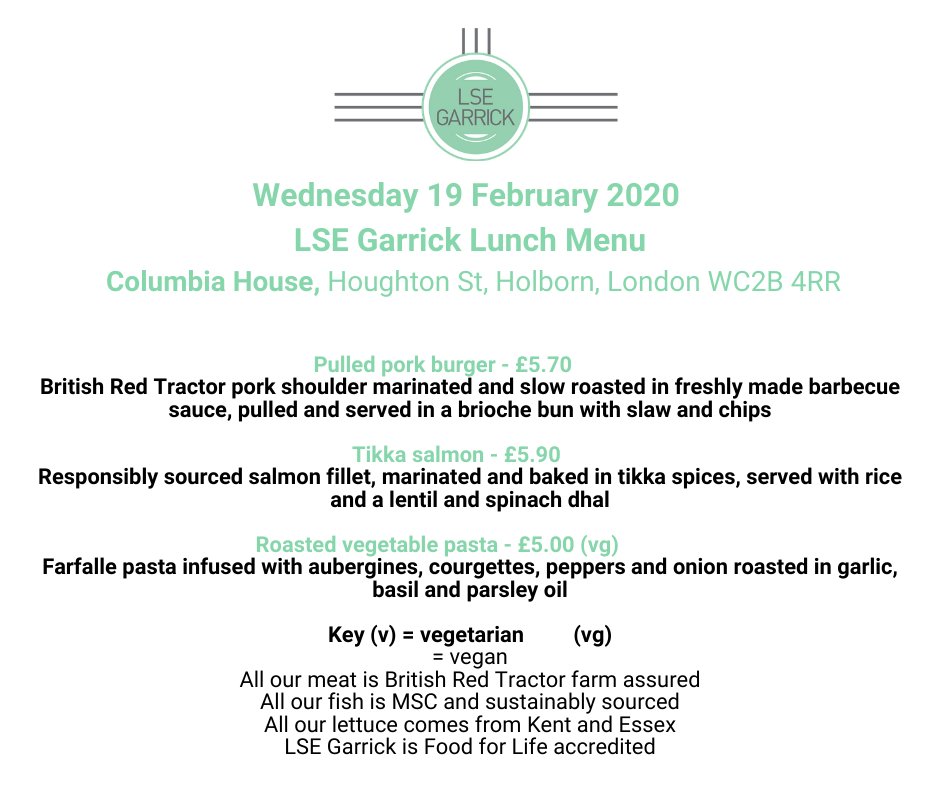 LSEcatering's tweet photo. Freshly cooked lunch downstairs at the LSE Garrick.
Feast your eyes on today's menu 📝🍽️
Columbia House 12.00-14.30 - Kingsway
#LSECatering #partofLSE #veganoption #Tuesdaymenu #OpenToAll #delicious #yummy #tasty #lunchtime #holborn https://t.co/wthPXiu0oG