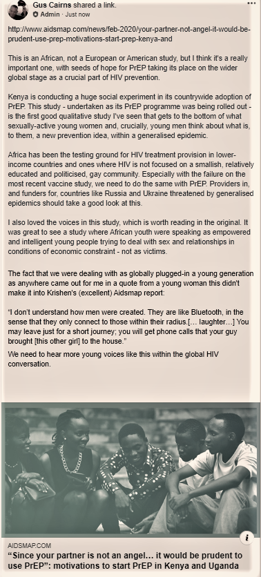 guscairns's tweet photo. https://t.co/wVl7m0HDqi
Great study of attitudes to PrEP in young Africans, as it's being rolled out; excellent writeup by Krishen Samuel @aidsmap. Too rare to hear young African women and men speak as real youth and not victims. Full comment in screenshot. #PrEP #PrEPinEurope https://t.co/H3lEYtBqG8