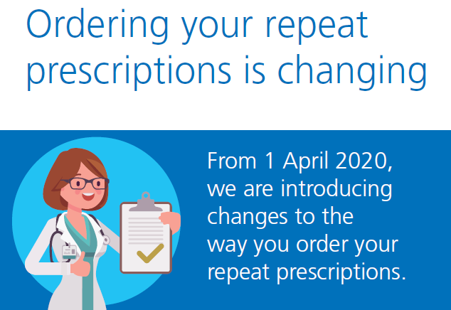 HealthwatchHull's tweet photo. From 1 April 2020, you (or a person nominated on your behalf) will have to order repeat prescriptions directly from your GP Practice. Find out more here: https://t.co/crAWA8Oh0t https://t.co/qKHVK2vpUQ