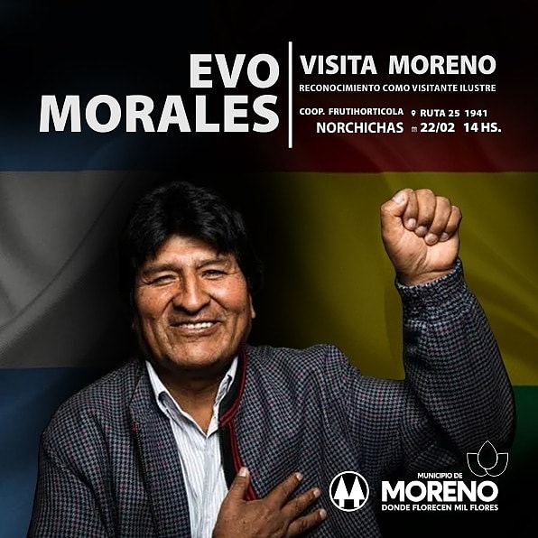 marielfmoreno1's tweet photo. El sábado 22 de febrero el compañero @evoespueblo, primer Presidente del Estado Plurinacional de Bolivia, visita Moreno.

Para nosotras y nosotros será un honor recibirlo. Invitamos a toda la comunidad a su reconocimiento como visitante ilustre de nuestra ciudad. https://t.co/29OdaO2VB8