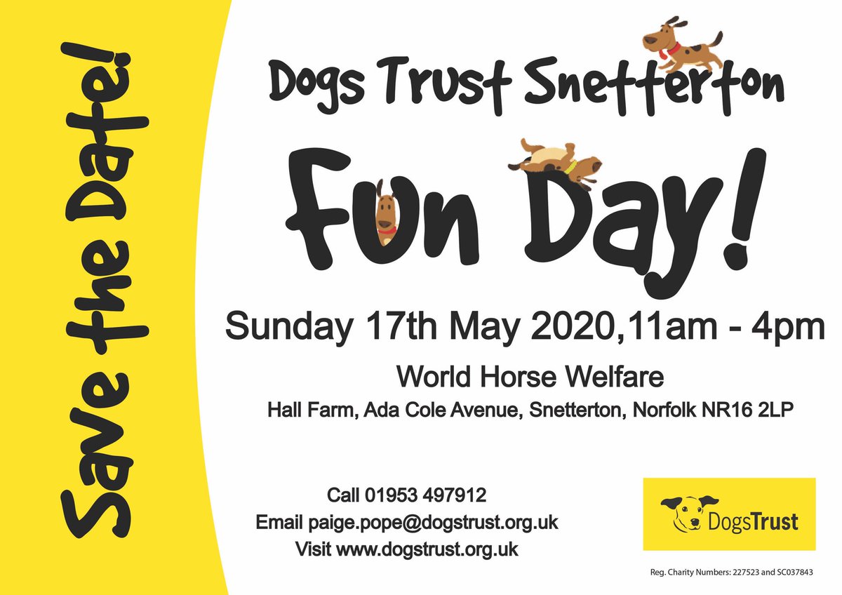 DT_Norfolk's tweet photo. ๐จExciting announcement๐จ
Save the Date for Dogs Trust Snettertonโs annual Fun Day on Sunday 17th May 2020 ๐ถ๐
This years event is taking place in a new venue!๐
Stay tuned for information about the days events, volunteering opportunities and more ๐๐ถ๐ #dogstrust #funday2020 https://t.co/r2fvpfiArs