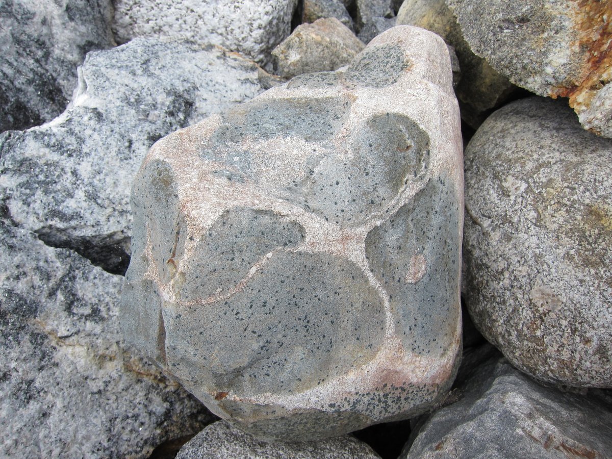 Boulder (ca. 30 cm) with what looks like magma mingling.Found in: Umeå, Klockarbäcken (moraine)Probably from: Svecocarelian bedrock. A lot of igneous rock are found in area between SW Norrbotten and N Västerbotten.Notes: it decorates my garden now. One of my favourites.