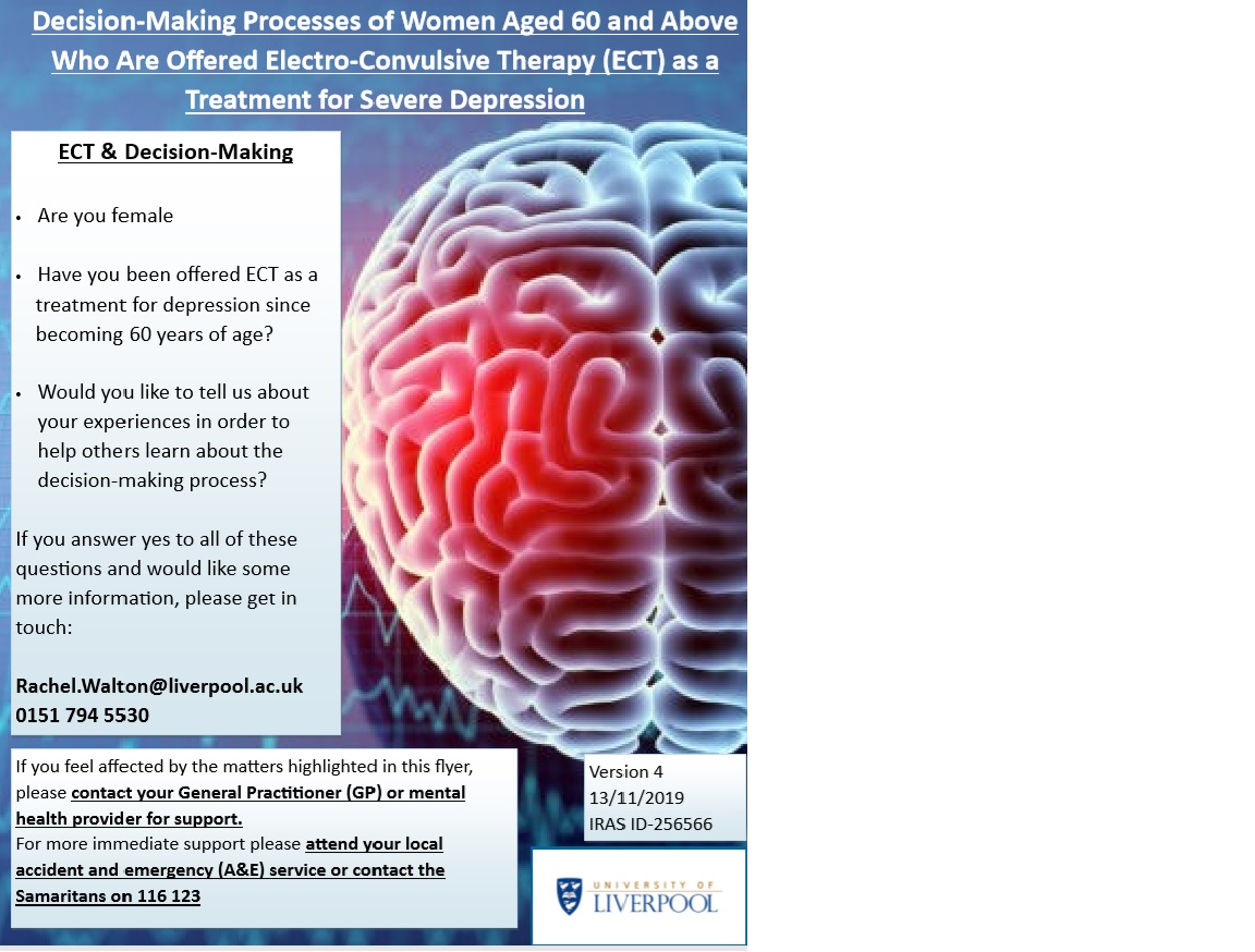 WomenEct's tweet photo. We are still hoping to meet with a few more women who were offered ECT after they became 60 years of age. If you'd be happy to talk about factors that influenced your decision making at the time you were offered ECT then please get in touch. Rachel.Walton@liverpool.ac.uk. Thanks https://t.co/JPpmHIxHjK