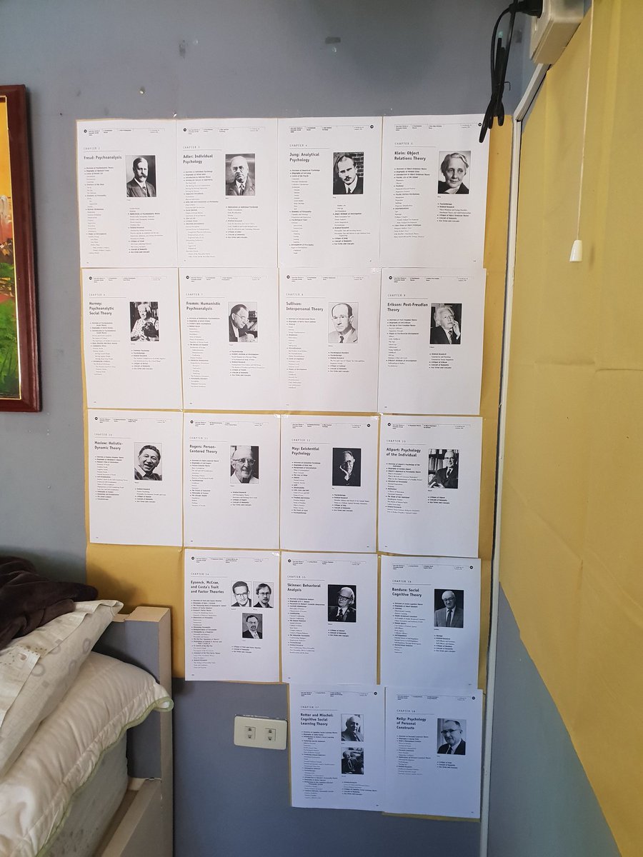 Day 3. My lola passed away today. I couldn't focus on reading so I tried to be productive by putting these up. 1 manila paper for each subject. I printed the chapter outline of each personality theorist from Feist & Feist.