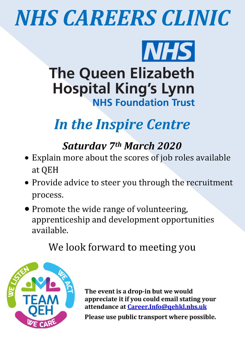 If you're looking for an exciting new career, come to our Careers clinic on 7 March to see what #TeamQEH has to offer. 

The event is taking place in the Inspire Centre between 10am - 1pm.

Visit: bit.ly/2P2LGak to find out more.