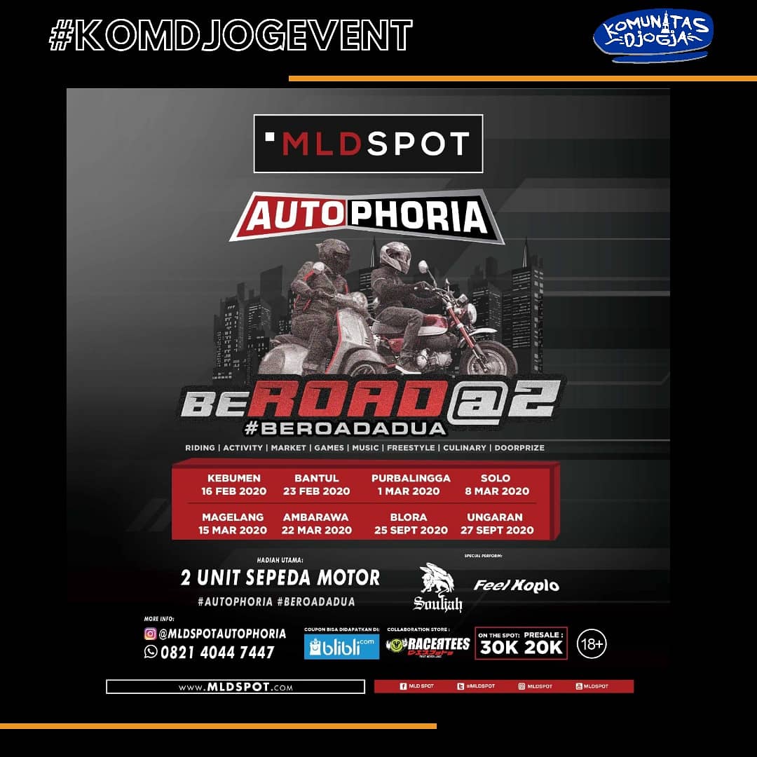 Gas banter ni, bakal ada event riding di Stadion Sultan Agung Bantul, 23/2/2020. Berhadiah utama 2 unit sepeda motor. Sampai jumpa di sana! #Autophoria #MLDSPOTautophoria #jogja #komunitasdjogja