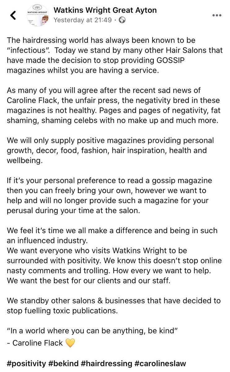 North Yorkshire hairdresser <a href="/watkinswright1/">Watkins Wright</a> has joined a movement to remove gossip and celebrity magazines from salons following the death of Caroline Flack <a href="/BBCTees/">BBC Tees</a>