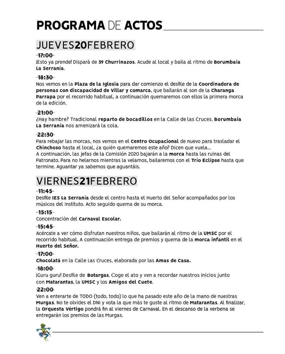 Carnaval_Villar's tweet photo. Que solo queda 1 día!!!!😱
Os dejamos por aquí el programa de actos para que lo tengáis más a mano durante estos días... Esperamos que disfrutéis mucho de todo lo que se viene!🥳
#carnaval2020
#comisioncarnaval2020
#fiestadeinterésturísticoautonómico #villardelarzobispo https://t.co/1uuKCkqe49