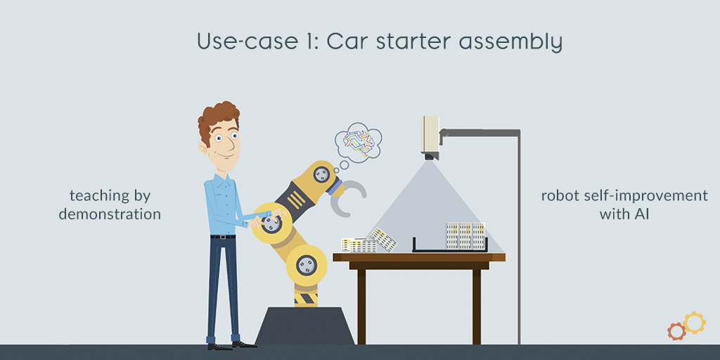 In one of our use cases, we will teach the robot to assembly the car starter by simply demonstrating the task. The #robot will then improve itself using #AI. Stay tuned for more information about the other use cases and our progress! #CollaborativeRobots #Cobots #Robots