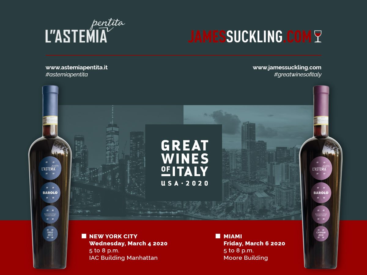 L''Astemia Pentita is participating in the Great Wines of Italy USA 2020 by <a href="/JamesSuckling/">James Suckling</a> in New York and Miami. Don’t miss the chance to taste our awarded Barolo Cannubi 2010 and Barolo Terlo 2015.
#astemiapentita