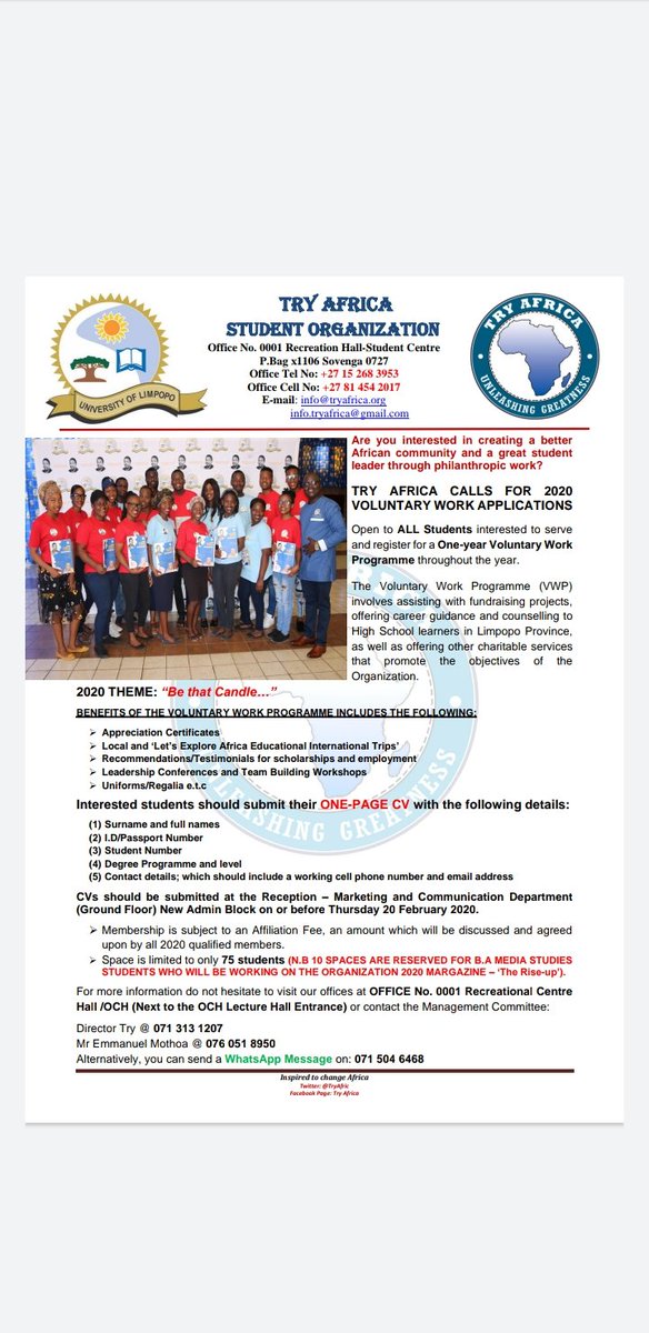 TryAfric's tweet photo. Join the Try Africa Family for the VWP-2020 and become that Candle. Applications for membership closes on Thursday the 20th of February 2020. https://t.co/V1ZNWdUxMf