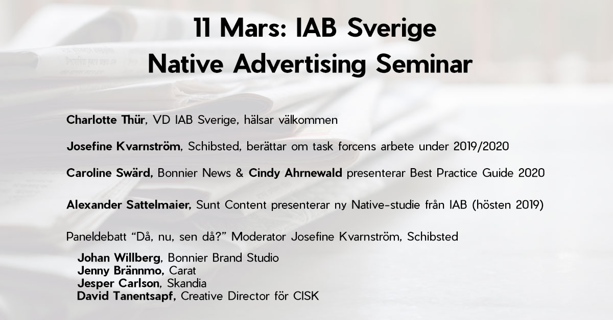sattelsson's tweet photo. Missa inte: @iabsverige #NativeAdvertising event 11/3. Haft äran att bidra till ökad kunskap kring #Native med branschkollegorna i IABs #taskforce, samt får även stå på scen och sammanfatta lägesbilden i marknaden.

Anmälan: https://t.co/3STlcJ5k6c

#contentmarketing #nativeads https://t.co/55sg84XZMe