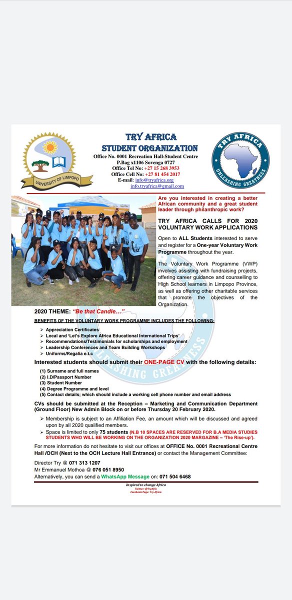 TryAfric's tweet photo. Join the Try Africa Family for the VWP-2020 and become that Candle. Applications for membership closes on Thursday the 20th of February 2020. https://t.co/V1ZNWdUxMf