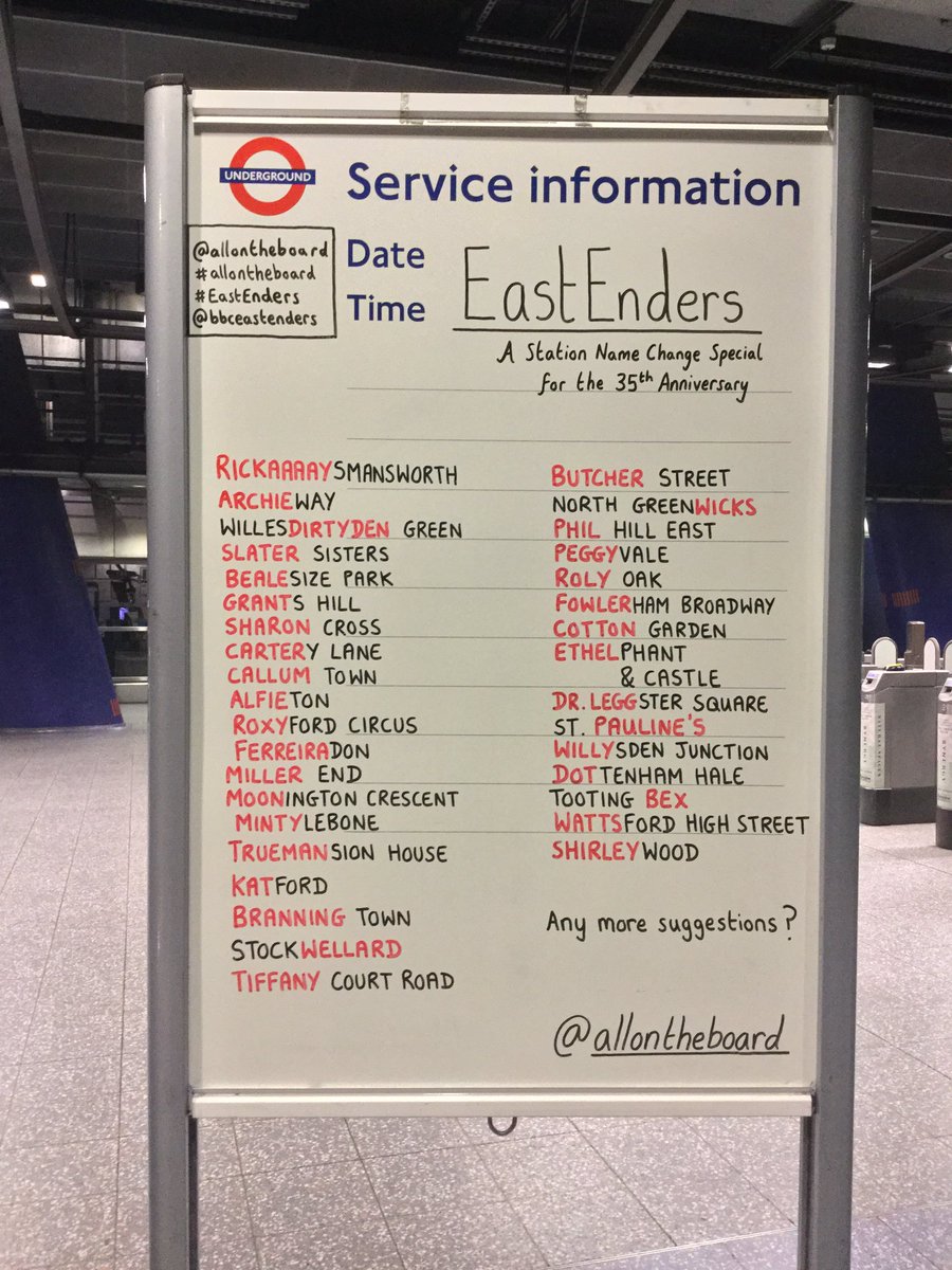 Happy 35th Birthday EastEnders. To celebrate we have decided to change station names to pay tribute to some of our favourite characters over the years. Any more suggestions? @allontheboard @bbceastenders #EastEnders #EastEnders35 #HappyBirthdayEastEnders #allontheboard