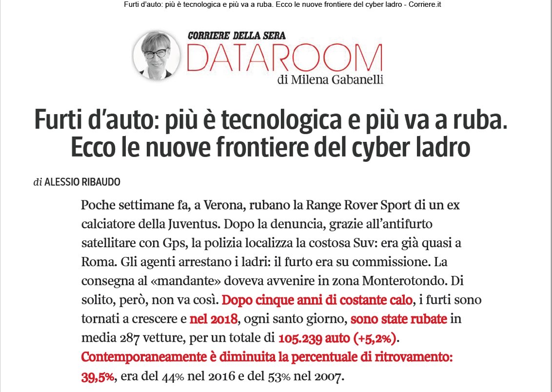 LoJackItalia's tweet photo. Corriere – Dataroom di Milena Gabanelli | Furti d’auto: più è tecnologica e più va a ruba. Ecco le nuove frontiere del cyber ladro https://t.co/9WZgeAdpLZ #dataroom #corriere #lojack #furtiauto https://t.co/Wr1C6UuEeE