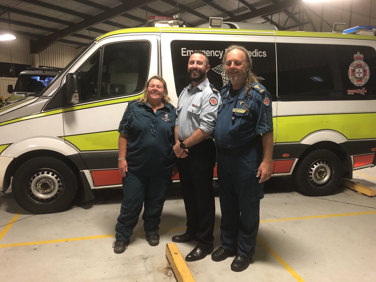 QASGoldCoast's tweet photo. Was great to see Kev and Deb   tonight as they start their final shift with ⁦@QldAmbulance⁩ ⁦@QASGoldCoast⁩ Wishing them all the best.  Thank you for your service https://t.co/0U0yO26B6b