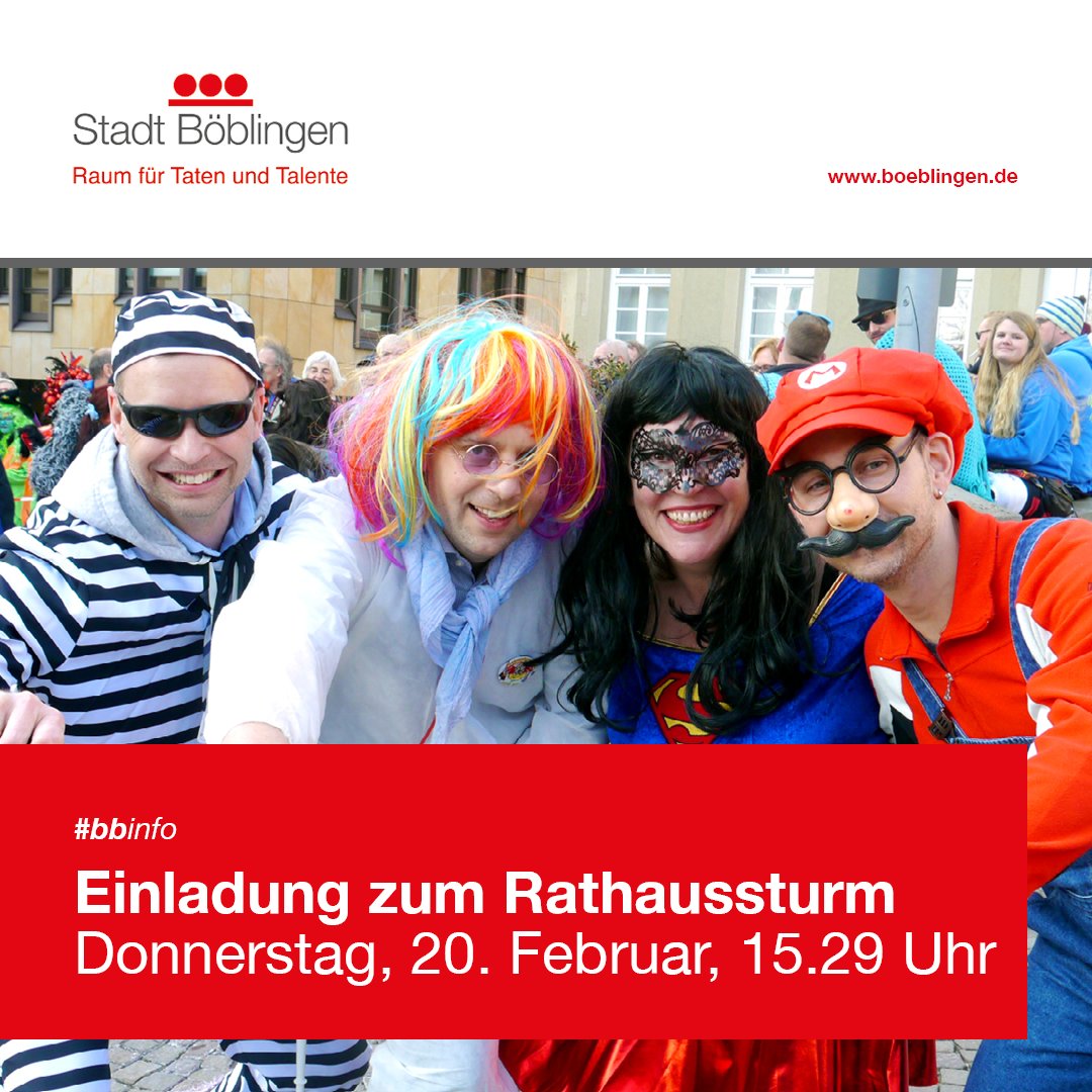 StadtBoeblingen's tweet photo. Rathaussturm der Böblinger Narren 👺 🧛 🧙
Am "Schmutzigen Donnerstag" findet der traditionelle Rathaussturm auf dem Marktplatz vor dem Rathaus in Böblingen statt. Beginn ist um 15.29 Uhr.
#bbinfo #stadtbb #stadtboeblingen #stadtböblingen #rathaussturm #böblingen #boeblingen https://t.co/fYLsoSFSdB