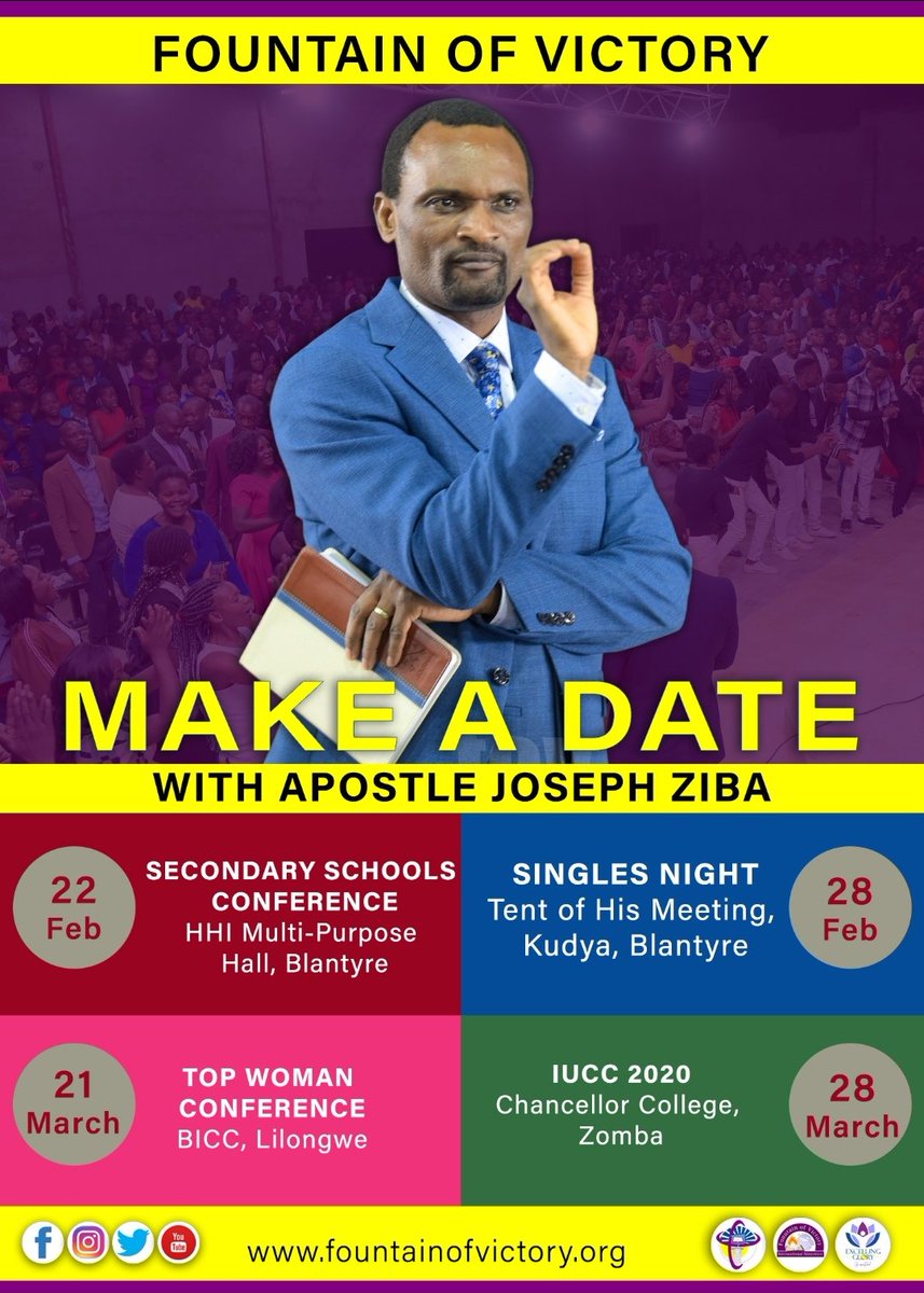 fovupdate's tweet photo. MAKE A DATE
with Apostle Joseph ziba
We are always excited to see you patronize our events, we are a ministry on the move.
Follow our upcoming events for this month of February and March.
#ApostleJosephZiba #FountainofVictory #ExcellingGlory #LifeUnmatched #ShiningAllTheWay https://t.co/TzJJyn5TXr