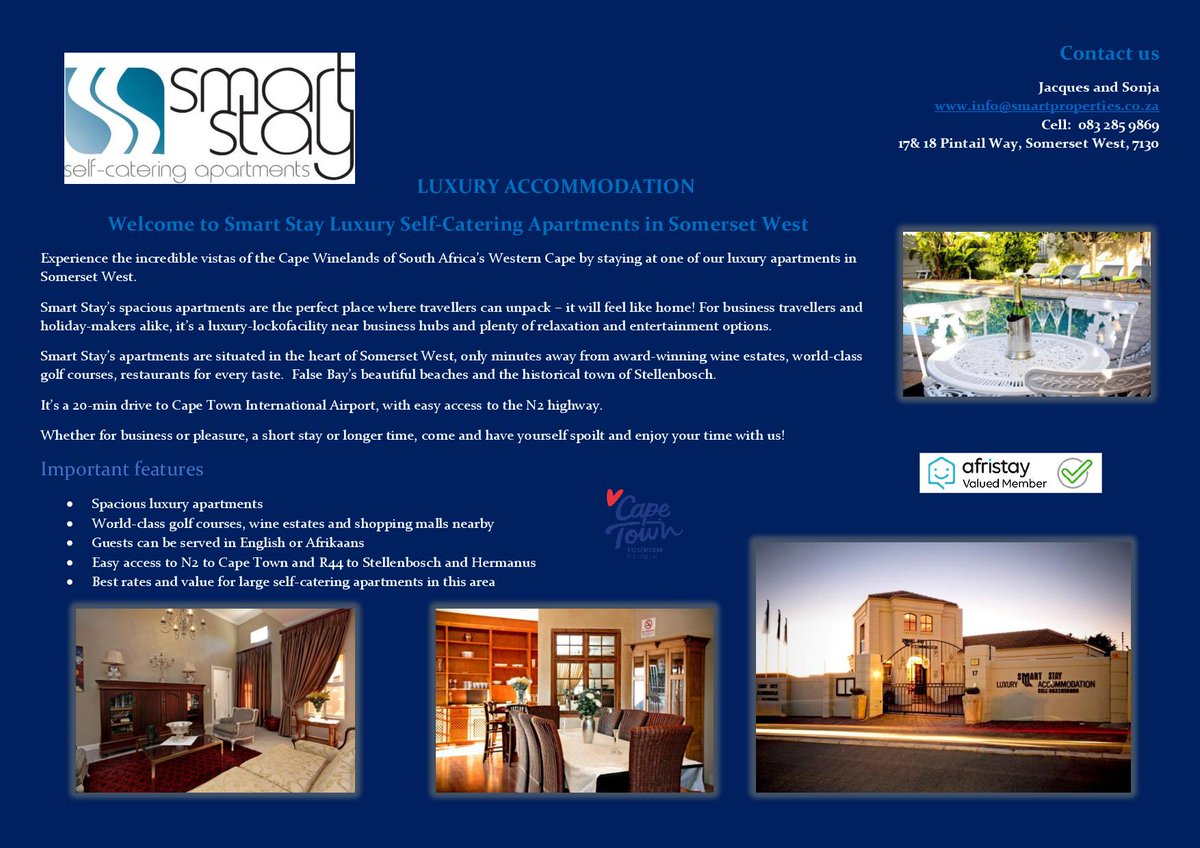 Cape Town - Somerset West luxury self-catering accommodation for tourists & business travelers. Enquire info@smartproperties.co.za / **27(0)832859869 #travelblogger #Travel #holiday #winelovers #accommodation