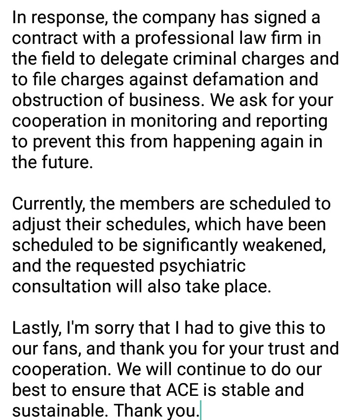 kwanycheni's tweet photo. This is the translation on the statement Beat released about what happened to A.C.E yesterday. EVEN IF YOU'RE NOT A CHOICE PLEASE RT AND SPREAD this message cause they deserve all the love and support right now. 

#AlwaysWithACE
#StayStrongACE https://t.co/YY6SoJf73A