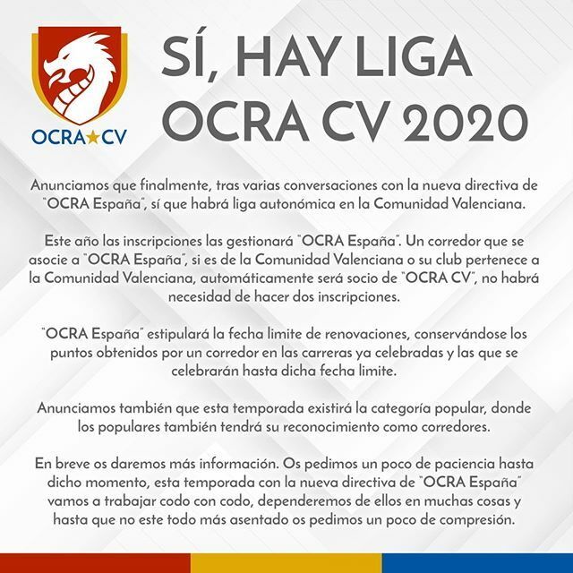 SÍ, HAY LIGA OCRA CV 2020

Anunciamos que finalmente, tras varias conversaciones con la nueva directiva de "OCRA España", sí que habrá liga autonómica en la Comunidad Valenciana.

Este año las inscripciones las gestionará "OCRA España". Un corredor que s… ift.tt/2P8vR1M