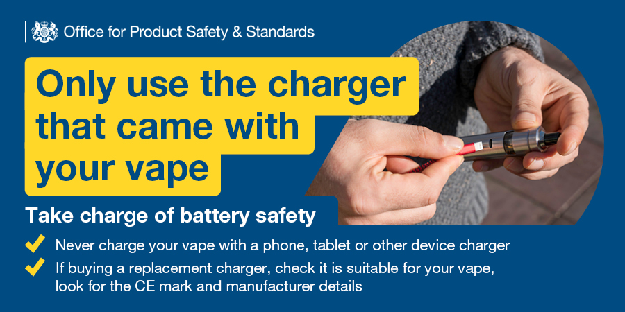 MaisieMcMSTC's tweet photo. Please be careful when charging your vape. Follow the safety advice below to stay safe! #vapingsafety #FireSafety https://t.co/uPgwwAc8eP