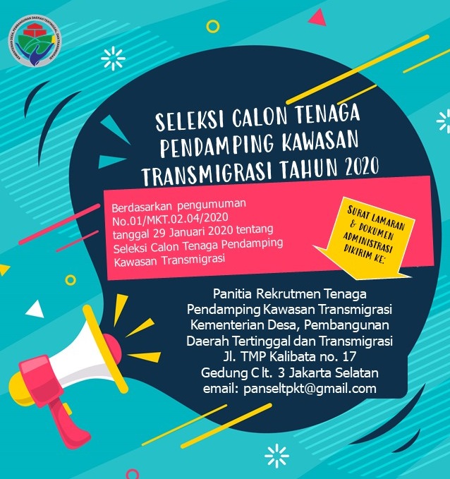 PENGUMUMAN:
Seleksi Calon Tenaga Pendamping Kawasan Transmigrasi tahun 2020
Syarat dan ketentuan selengkapnya download file pada link ini:
bit.ly/TenagaPendampi…

<a href="/KemenDesa/">Fast Track Travel</a> <a href="/halimiskandarnu/">ABDUL HALIM ISKANDAR</a> @hm_nurdin <a href="/tpp_kemendes/">#PendampingDesa</a>