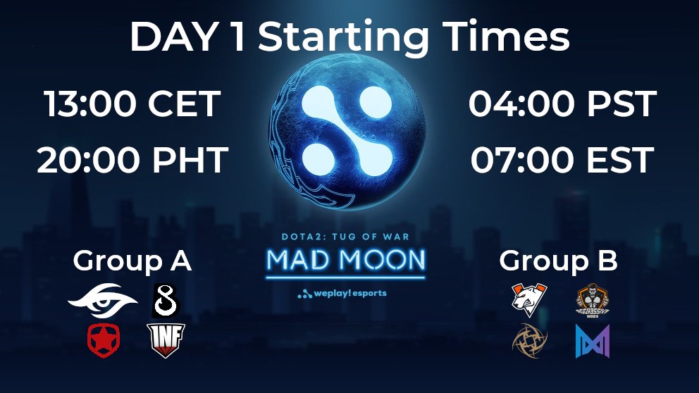 LiquidDota.com (@liquiddota) on Twitter photo .<a href="/WePlayEsport/">We Play Esport</a>'s Mad Moon will start in ~2 hours. The tournament is one of the most exciting non-DPC events of the year, as teams like <a href="/teamsecret/">Team Secret</a>, @TeamNigma, @NiPGaming, and <a href="/B8esportsGG/">B8 Esports</a> (Dendi's org) will take part. Secret are the favorites to win but who's your dark horse? .<a href="/WePlayEsport/">We Play Esport</a>'s Mad Moon will start in ~2 hours. The tournament is one of the most exciting non-DPC events of the year, as teams like <a href="/teamsecret/">Team Secret</a>, @TeamNigma, @NiPGaming, and <a href="/B8esportsGG/">B8 Esports</a> (Dendi's org) will take part. Secret are the favorites to win but who's your dark horse?