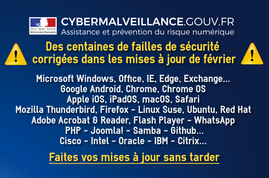 cybervictimes's tweet photo. 🛡️#Cybersécurité - Nombreuses #failles de #sécurité corrigées dans les mises à jour de février
⚠️ Certaines de ces failles sont critiques et exploitées
➡️ N'attendez plus et mettez à jour vos PC, #smartphones, serveurs... sans tarder !
👉+ infos @CERT_FR : https://t.co/H7yXZp71Of https://t.co/3XDt47xifW