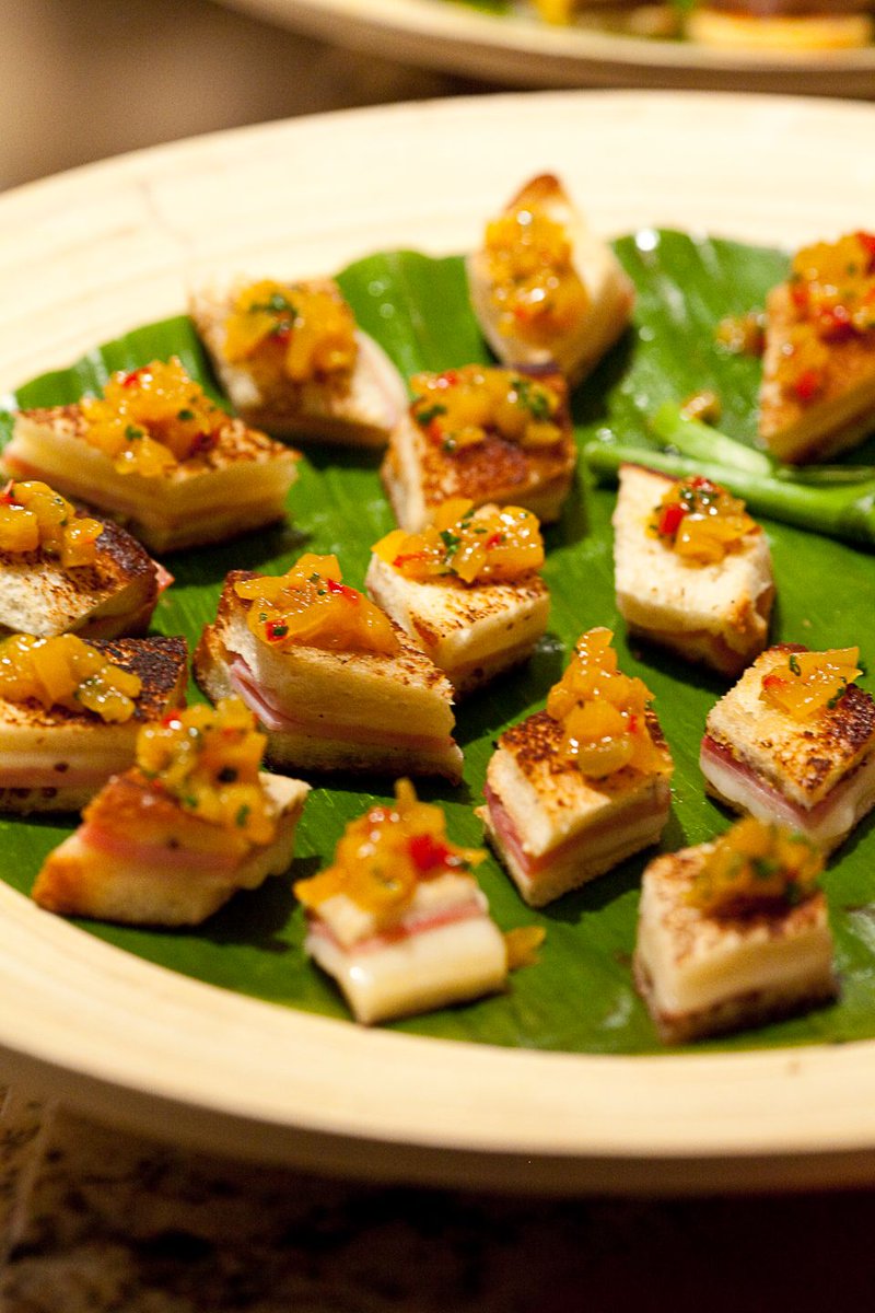 FoodDesignCater's tweet image. Petit Croque Monsieur with Black Forest Ham, Gruyere, Grainy Mustard and Peach compote