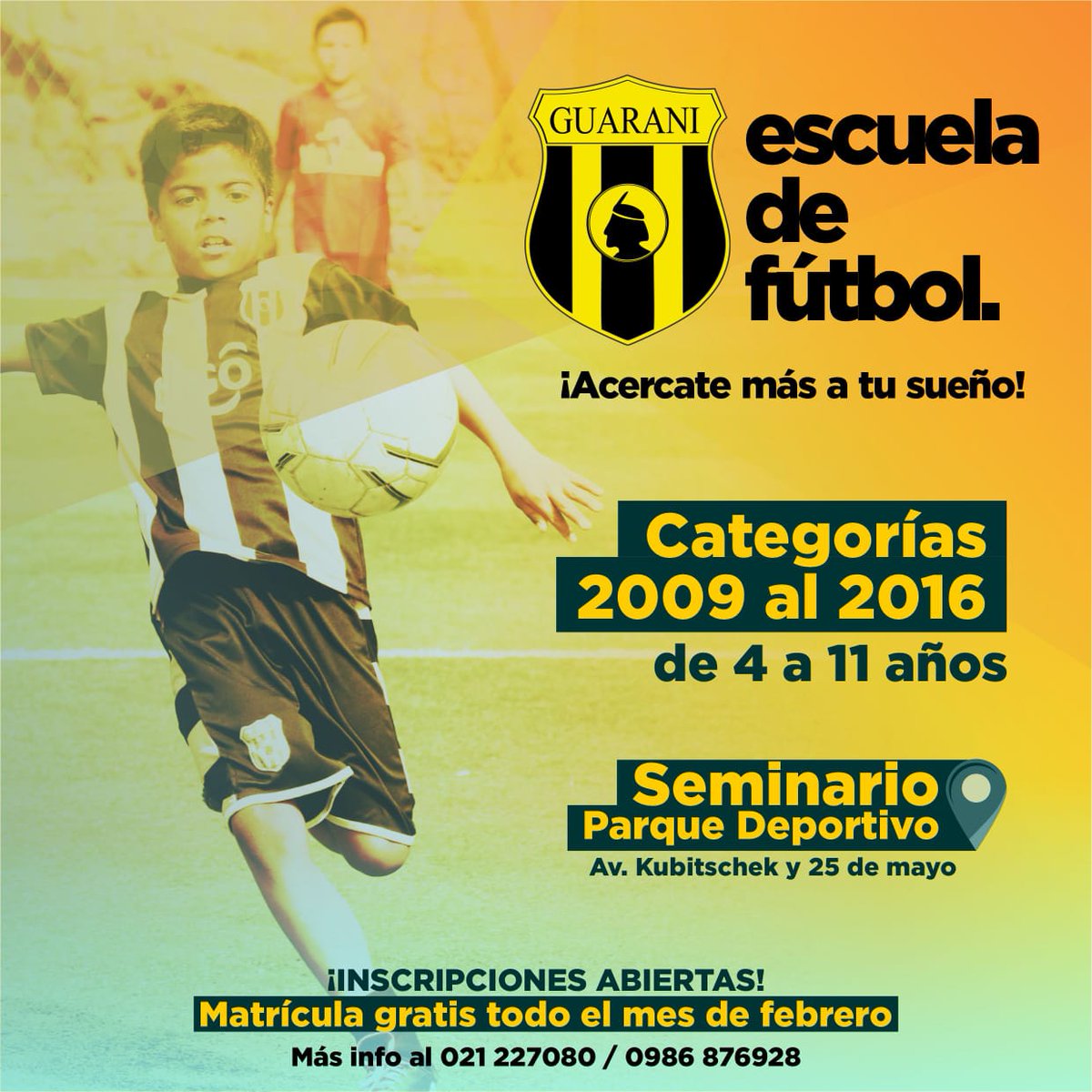 GuaraniEDF's tweet photo. ATENCIÓN CHICOS! 🙋🏻‍♂️

Inscripciones abiertas para la Escuela de Fútbol del Legendario 2020.

Además, matrícula gratis hasta el final de febrero! Te esperamos 😉 #MiniLegendarios https://t.co/FG7YG7IjvI