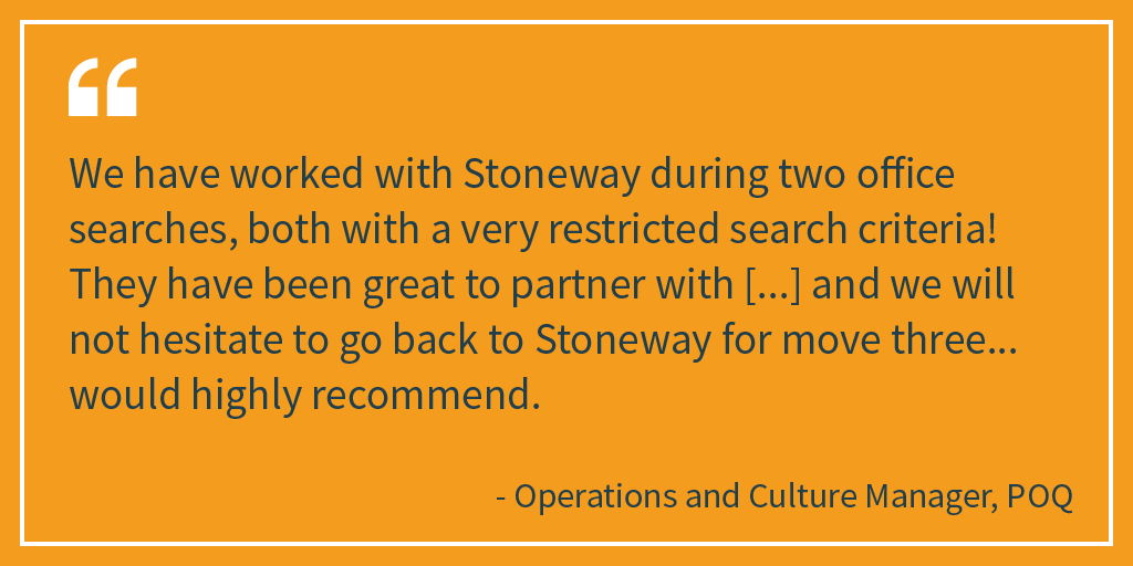 StonewayRE's tweet photo. We understand that each business is different and will have specific requirements for their office relocation. Stoneway is always on hand to help meet your needs. @poqcommerce #testimonial https://t.co/crHSOiaVzV