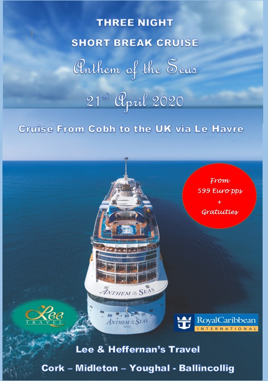 LOOKING FOR A MINI BREAK WITH A DIFFERENCE❓
Book your place on our 3 night mini-cruise on board the Amazing Anthem of the Seas
Cruise Ex Cobh on 21st April 2020 🛳
Enjoy Fantastic Food &amp; Epic Entertainment on the newly amplified Anthem of the Seas ⚓️
021-2300-700 to book now