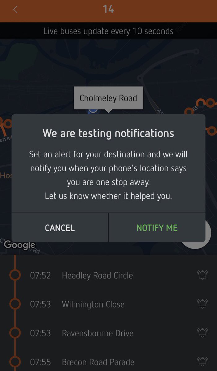 Tested out the ⁦<a href="/reading_buses/">Reading Buses</a>⁩ apps new destination alert a few times this morning on my 14 to Woodley Precinct, and again on the way back. Very handy if you were travelling to somewhere unfamiliar or even if it’s very dark outside like it was for me 👍
