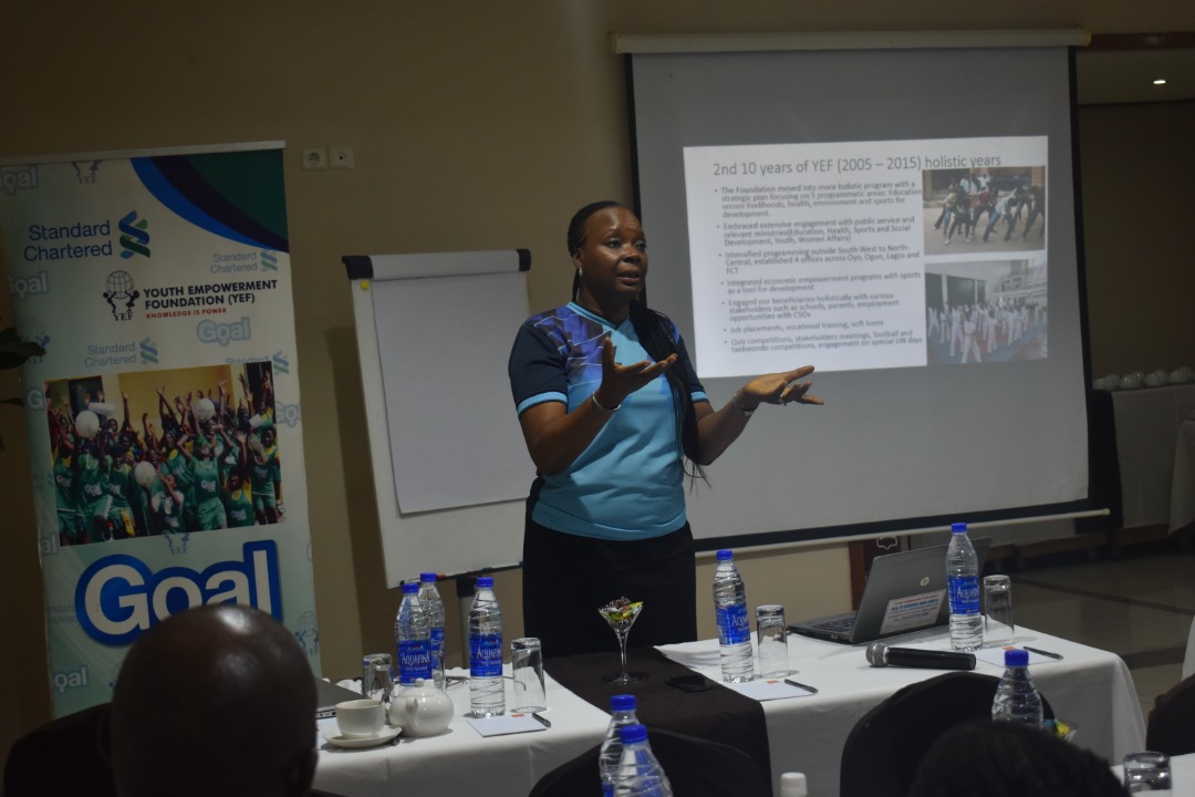 YEFNigeria's tweet photo. @StanChart @FordFoundation @Devcoms @girlspowerinit @CocaColaAfrica @Women_Win @AfricansThrough @LSMOH @ProfAkinAbayomi Mrs. Iwalola Akin Jimoh the Executive Secretary, YEFNigeria speaking on the 10 years success and milestones of the #GoalProject 

#GoalProgram is a life skill, financial literacy and leadership empowerment project for adolescents in Nigeria. https://t.co/V5UBi77Ajr