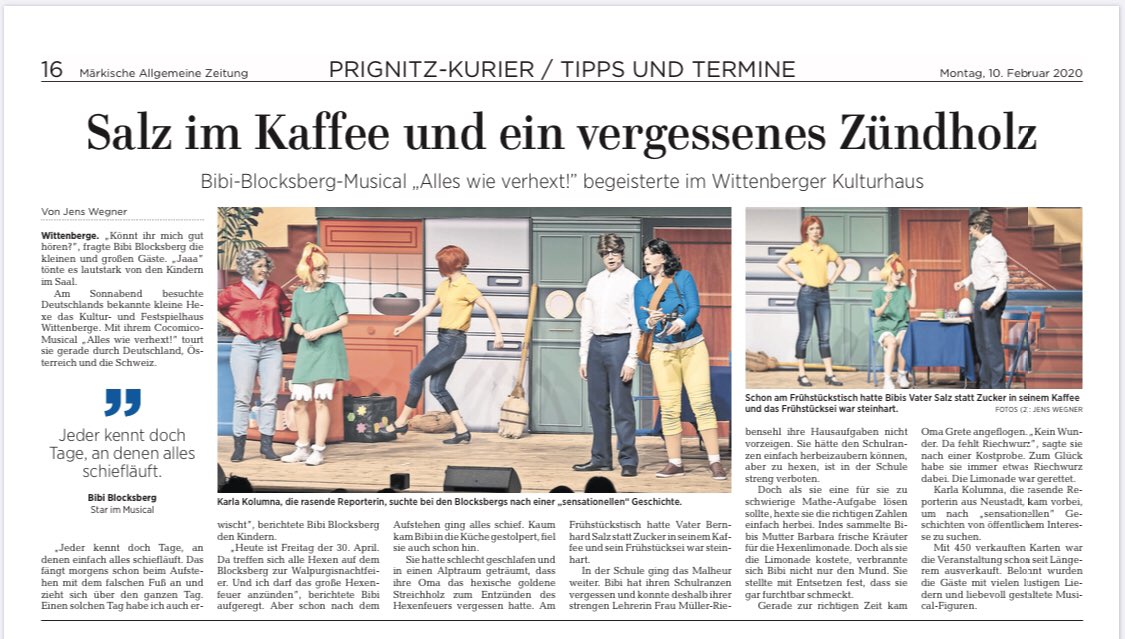 Toller Artikel im #prignitz #kurier vom Gastspiel mit unserem wunderschönen #COCOMICO #Theater #bibiblocksbergalleswieverhext #Musical in #wittenberge - #Kultur u. #festspielhaus am 8.2.20❣️vielendank ❣️🛵✨#cocomicoproduktion Tickets und Termine unter cocomico.de ✨