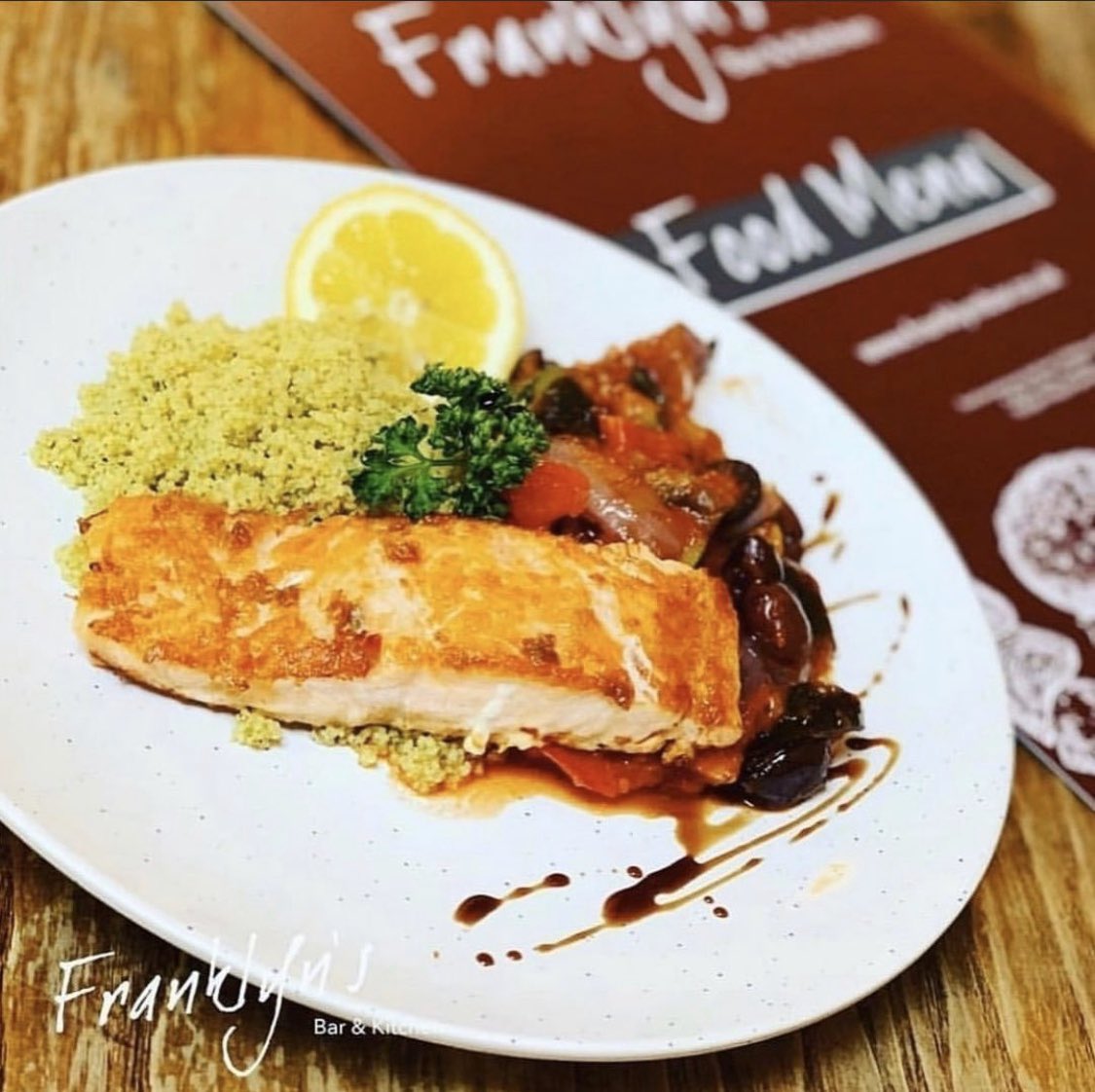 Have you tried our Salmon Fillet -  Served on a bed of lemon and coriander couscous with a vegetable ragu.⠀
⠀
#salmon #samlonfillet #bedoflemon #franklyns #heswall #wirral #fbk #newdish #franklynsbar