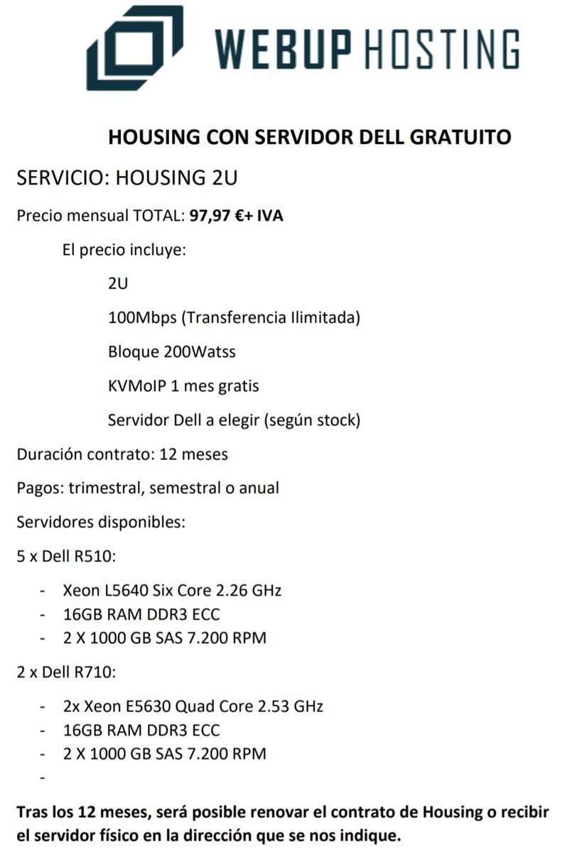 WebUp_ES's tweet image. Nueva oferta de #Housing: Contrato 2U durante 12 meses ¡Con #servidor Dell de regalo!