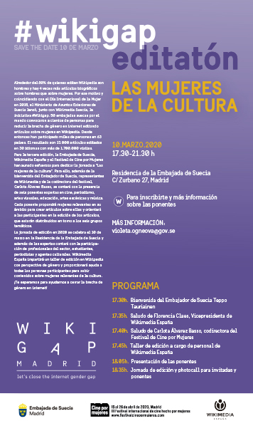 Ya están abiertas las inscripciones para #Wikigap Madrid. La cita será el 10 de marzo, de 17:30-21:30h, en la Residencia de la Embajada de #Suecia. 

Ayuda a reducir la #brechadegénero en #internet.

es.wikipedia.org/wiki/Wikipedia…