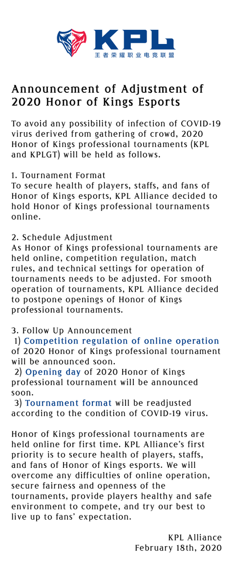 KPLGlobalTour's tweet photo. Announcement of Adjustment of 2020 Honor of Kings Esports.
2020年《王者荣耀》职业赛事(KPL与KPLGT)春季赛开赛调整公告.
#KPL #王者荣耀 #KPLGT #HoK #KPLGlobalTour https://t.co/dCktOUzST6