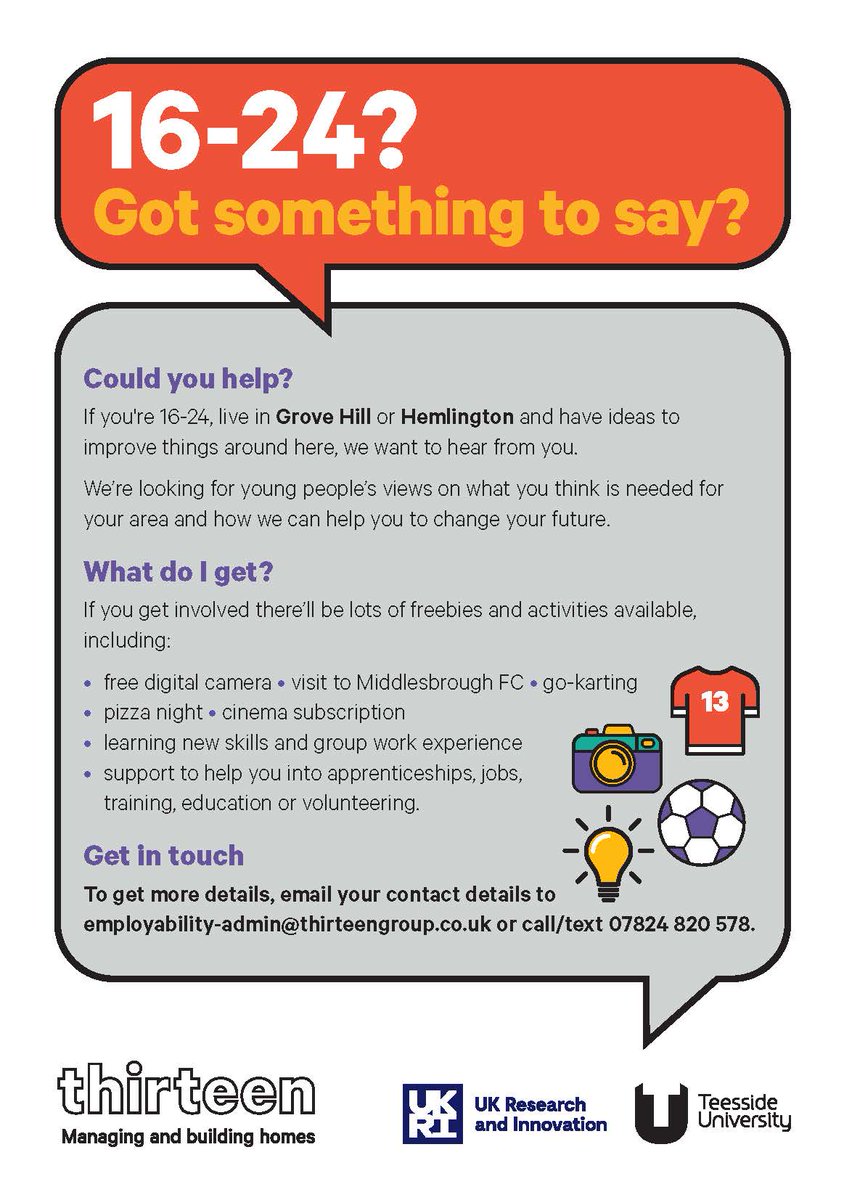 Aged 16–24 in Hemlington or Grove Hill? Got something to say?

We want to hear your ideas about how to improve the area. 

If you get involved we have loads of freebies and activities for you – have a look at the poster for more or text 07824 820 578. #boroyouthaction