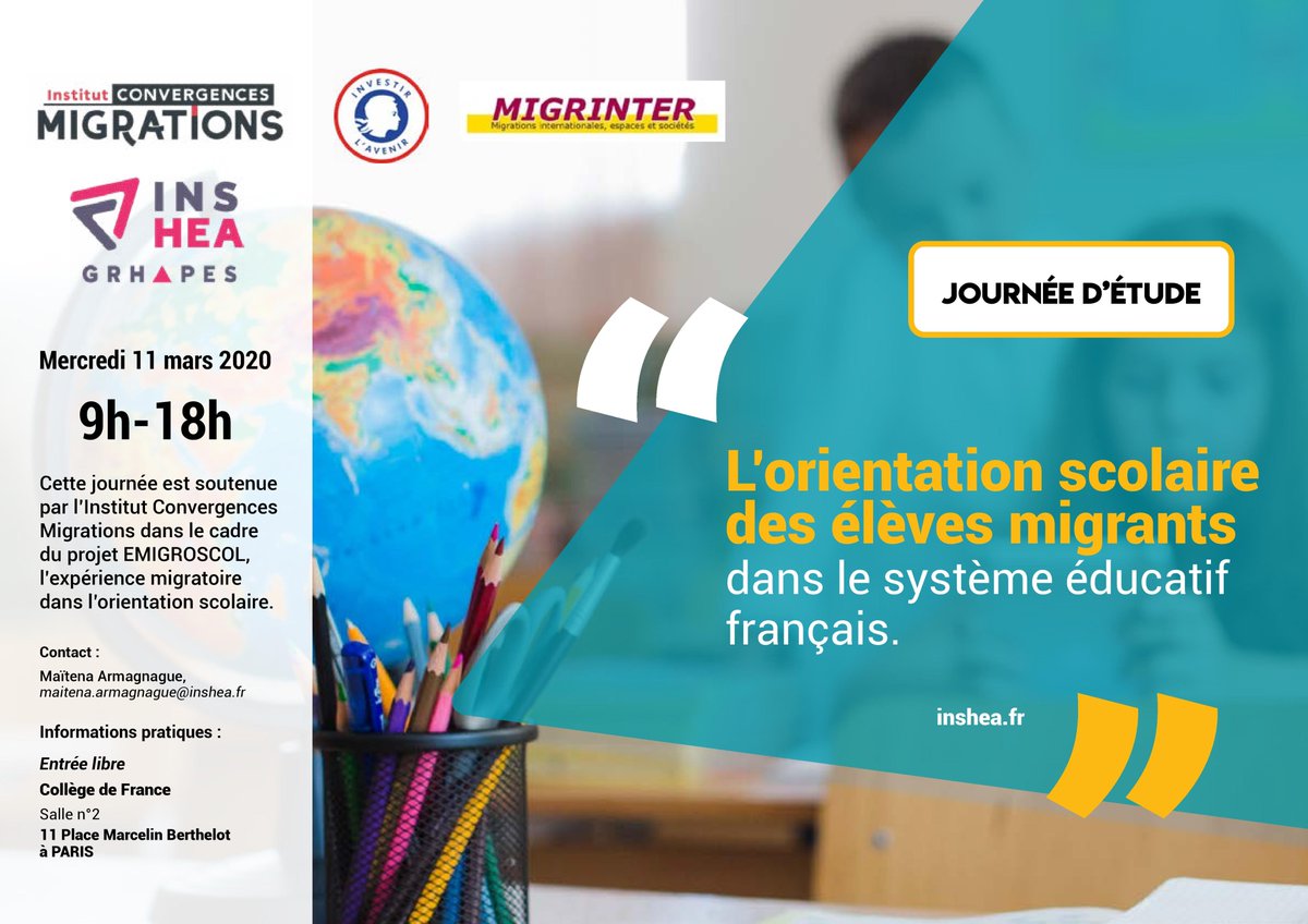 DILTEC's tweet photo. Les enjeux #didactiques de l’orientation #scolaire
Par : Catherine Mendonça-Dias #diltec et
Stéphane Paroux #CASNAV de Paris
JE L’orientation scolaire des #élèves #migrants dans le #système #éducatif #francais
11 mars 2020
9h-18h
Collège de France
#FLE @RechercheParis3 https://t.co/Fk86sLQYDA